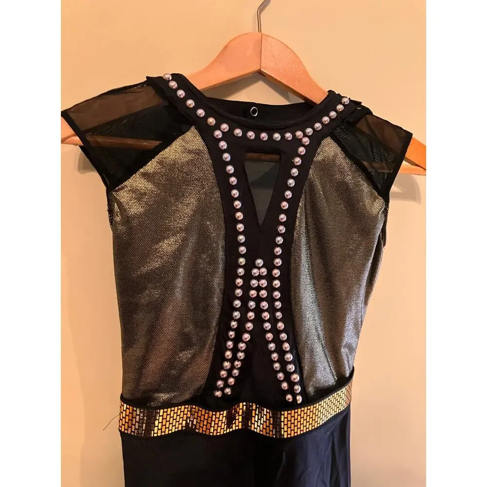 Revolution Dance Costume XLC Gold Black Level Up RC20969 Jazz Unitard Studded‎